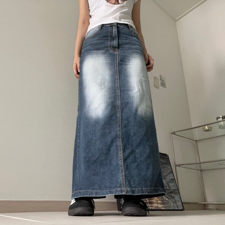 [2 colors] denim H long skirt